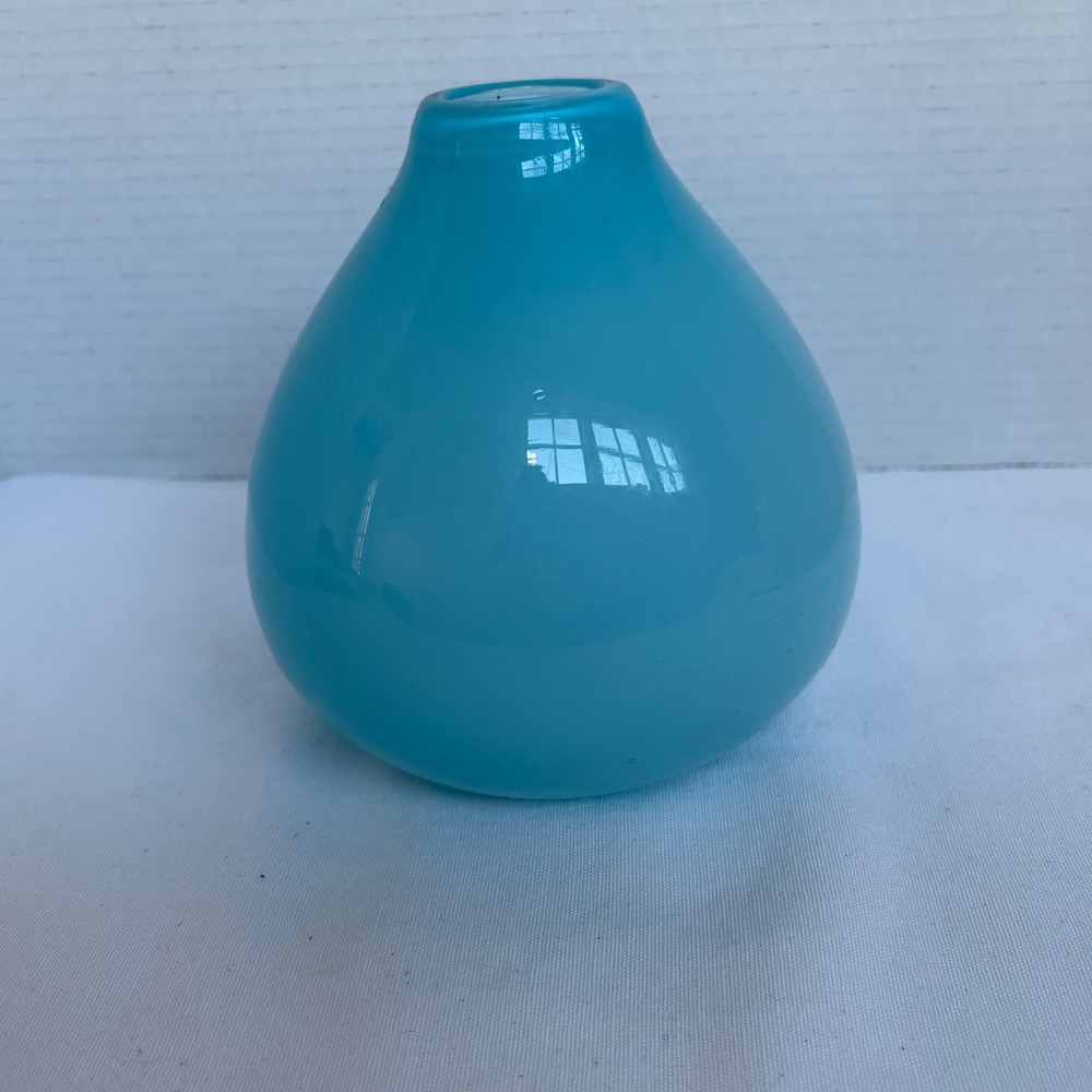 Crate Barrel Aqua Cayman Vase Blown Glass Mid Century Modern 170-224 - Picture 4 of 9